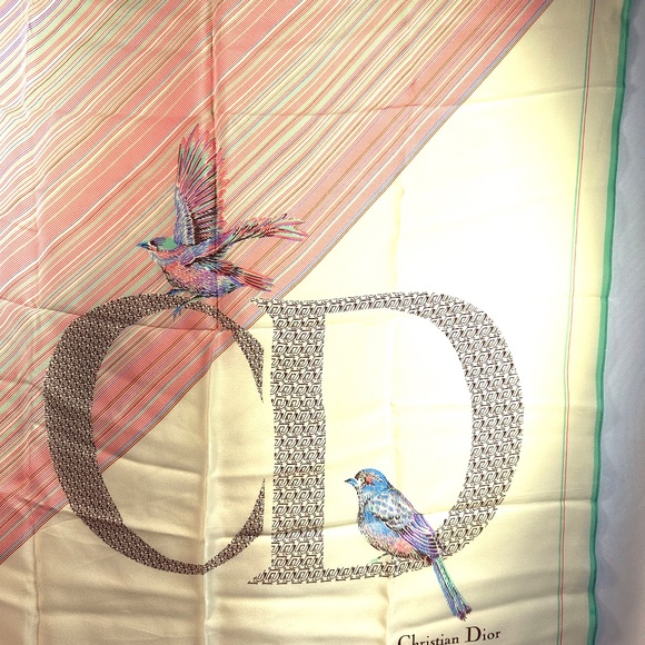 Vintage Christian Dior Silk Scarf Ivory Stripes and Birds Monogram - Picture 5 of 12